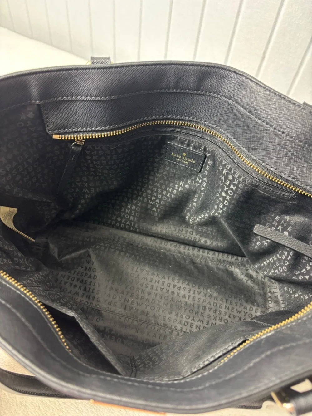 Kate Spade New York  Leather Cow Black Saffiano Tote with Gold Plaque‎